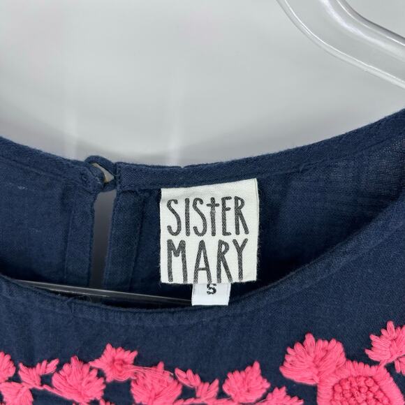 Sister Mary Navy Cotton Shift Dress Pink Floral Embroidery Pockets Womens Sz S - Picture 6 of 12